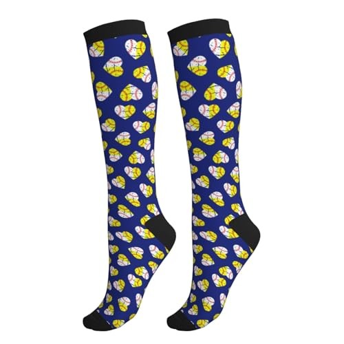 Compression Socks for Women Men Knee High Support One Size Softball Hearts