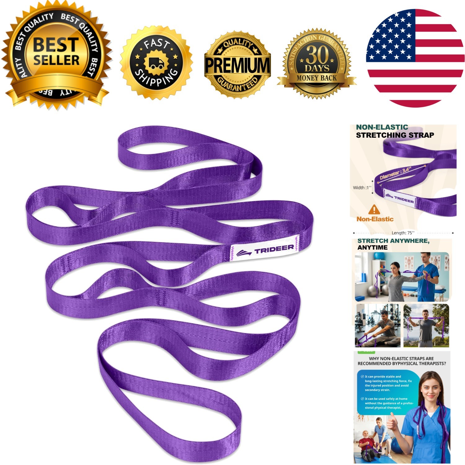 Stretching Strap for Physical Therapy & Home Rehab, Non-Elastic Yoga Strap fo…