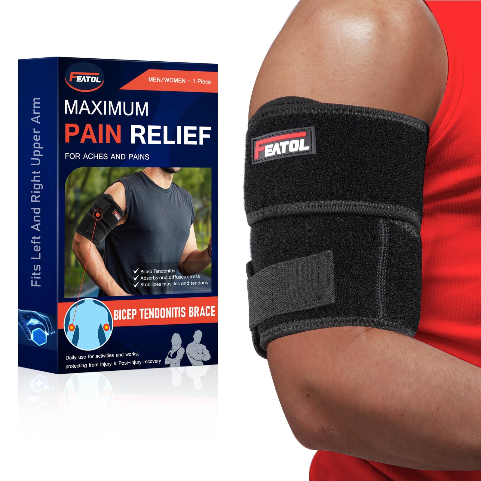 FEATOL Bicep Tendonitis Brace Compression Sleeve Support, Upper Large, Black