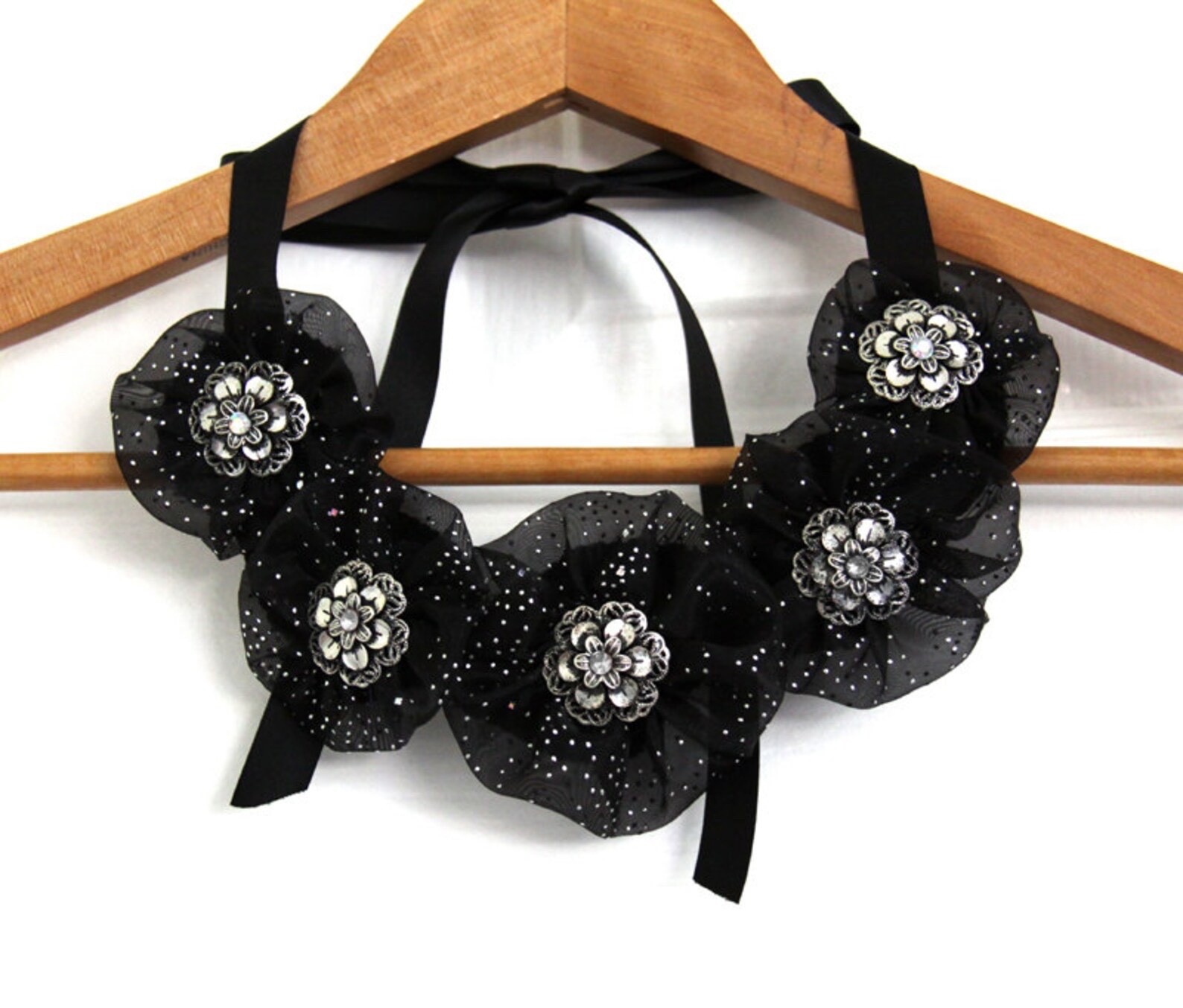 Handmade necklace with elegant black organza with silver tiny dots