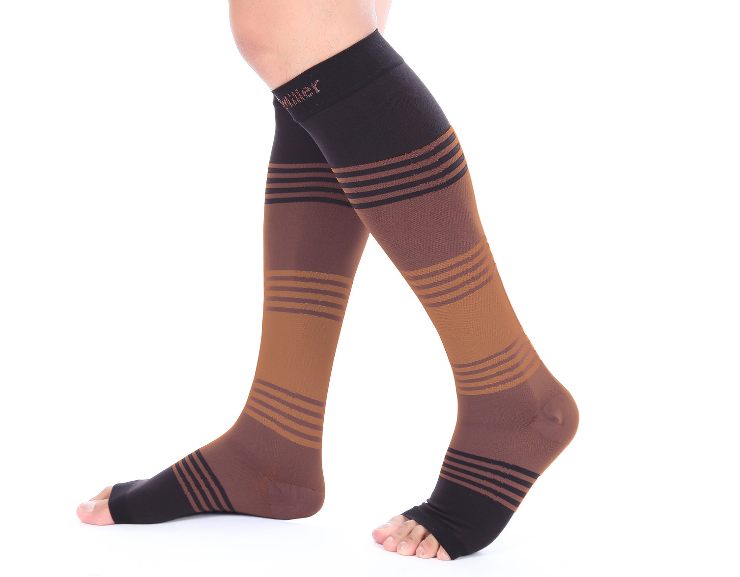 Doc Miller Open Toe Socks Compression Sleeve 20-30 mmHg Varicose Veins BLACK/TAN