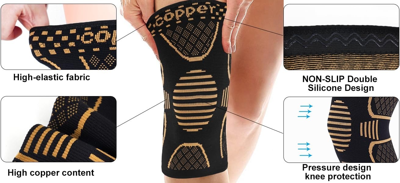 2x Knee Sleeves Copper Silver Compression Brace Support Sport Joint Injury Pain