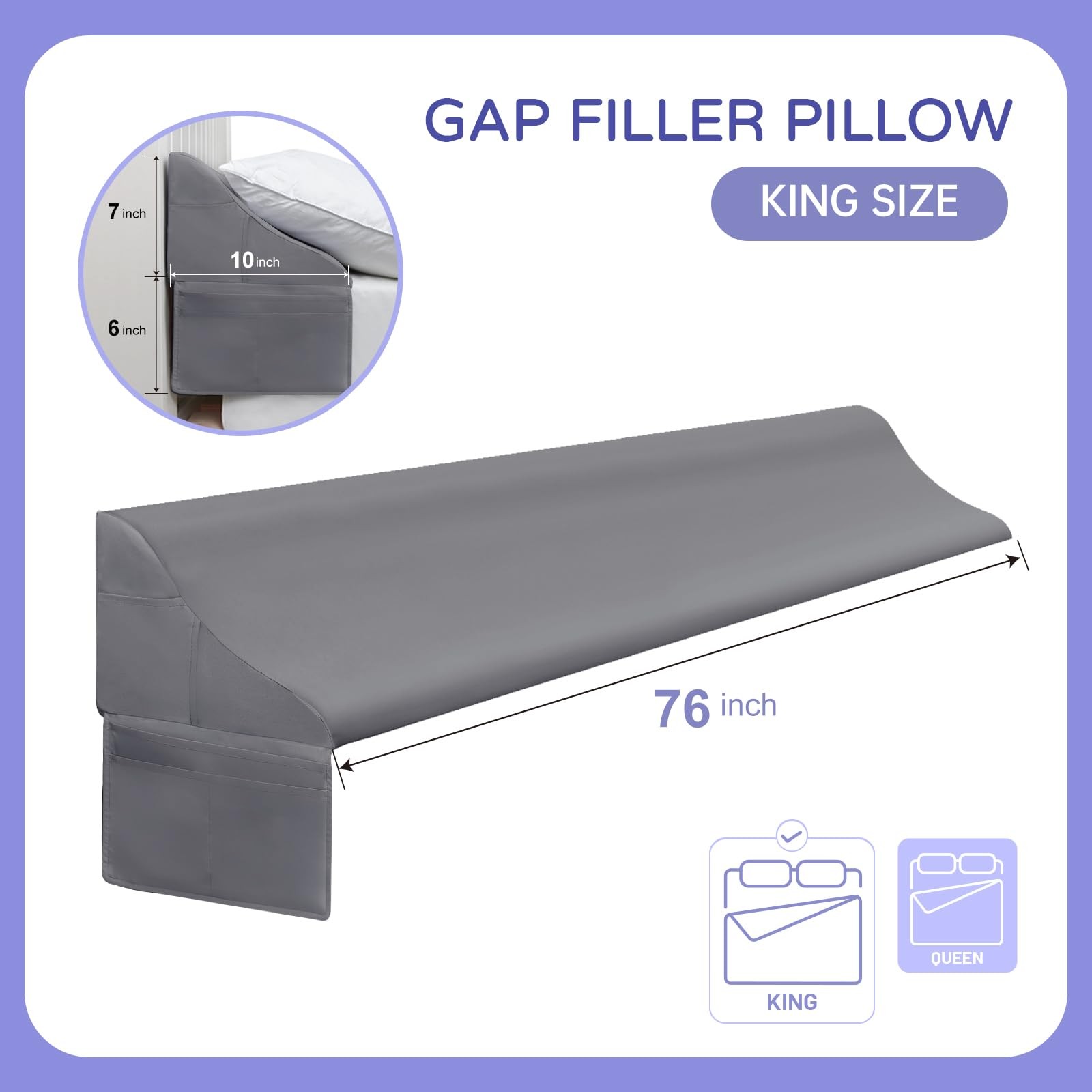 Vekkia King Size Bed Wedge Pillow for King(76″x10″x7″-Gap under 6″), Grey