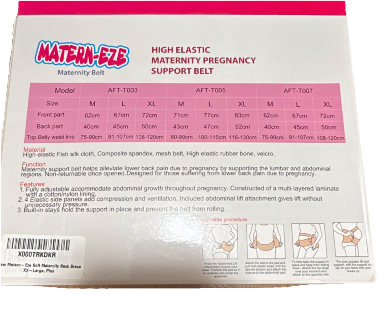 MATERN-EZE Maternity Support Belt XX-Large Pink Adjustable Back Brace AFT-T003