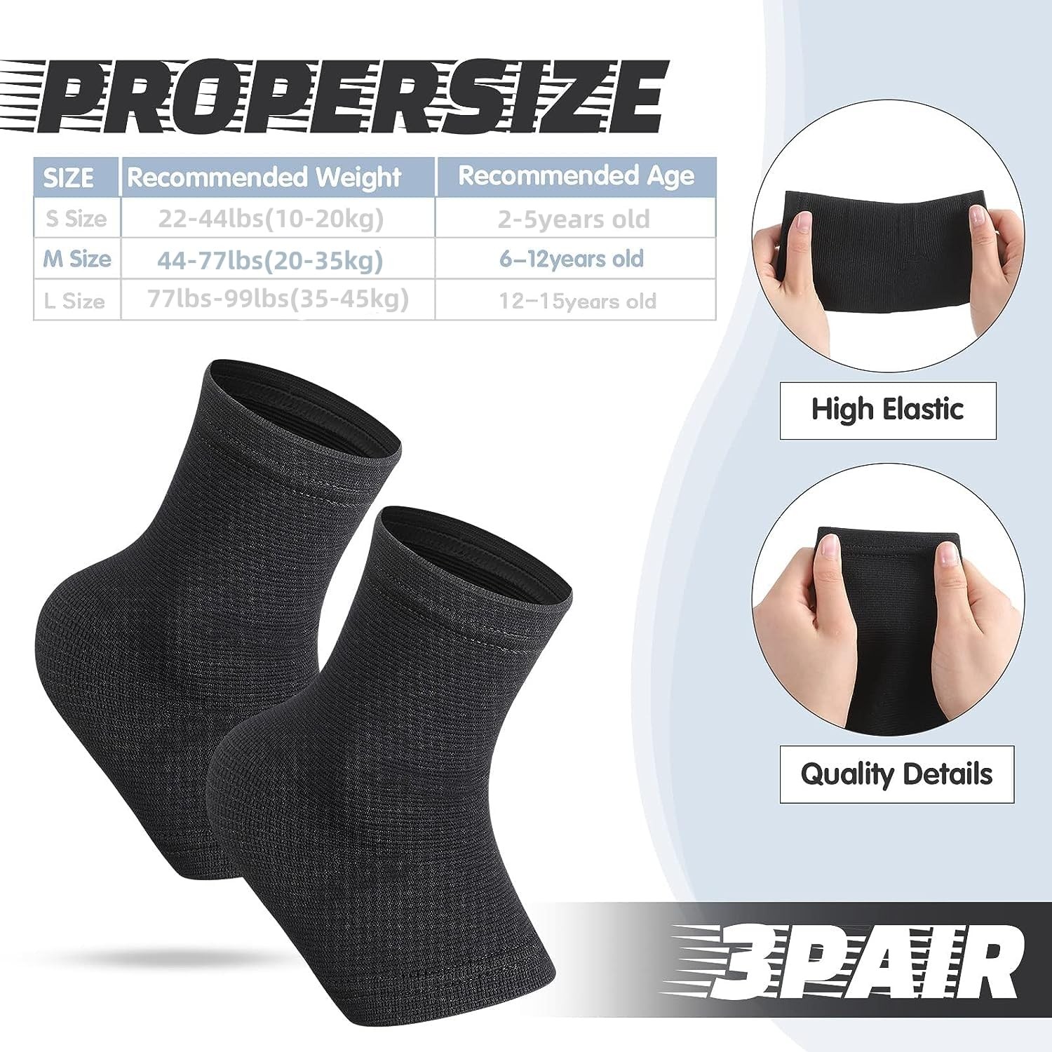 Black Large Kids Ankle Brace Compression Sleeves Foot Arch Sports Socks 3 Pair