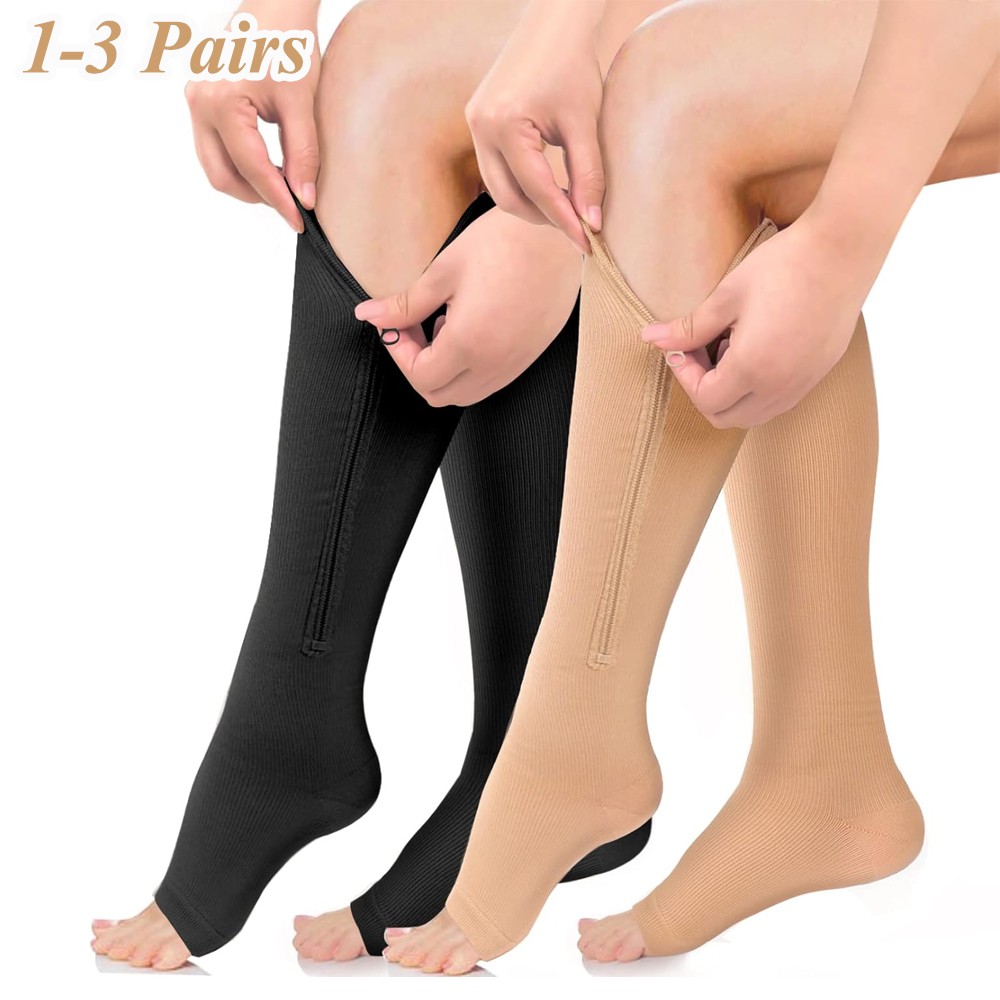3 Pair Compression Socks Zippered Open Toe 30-40mmHg with Zipper Safe Protection