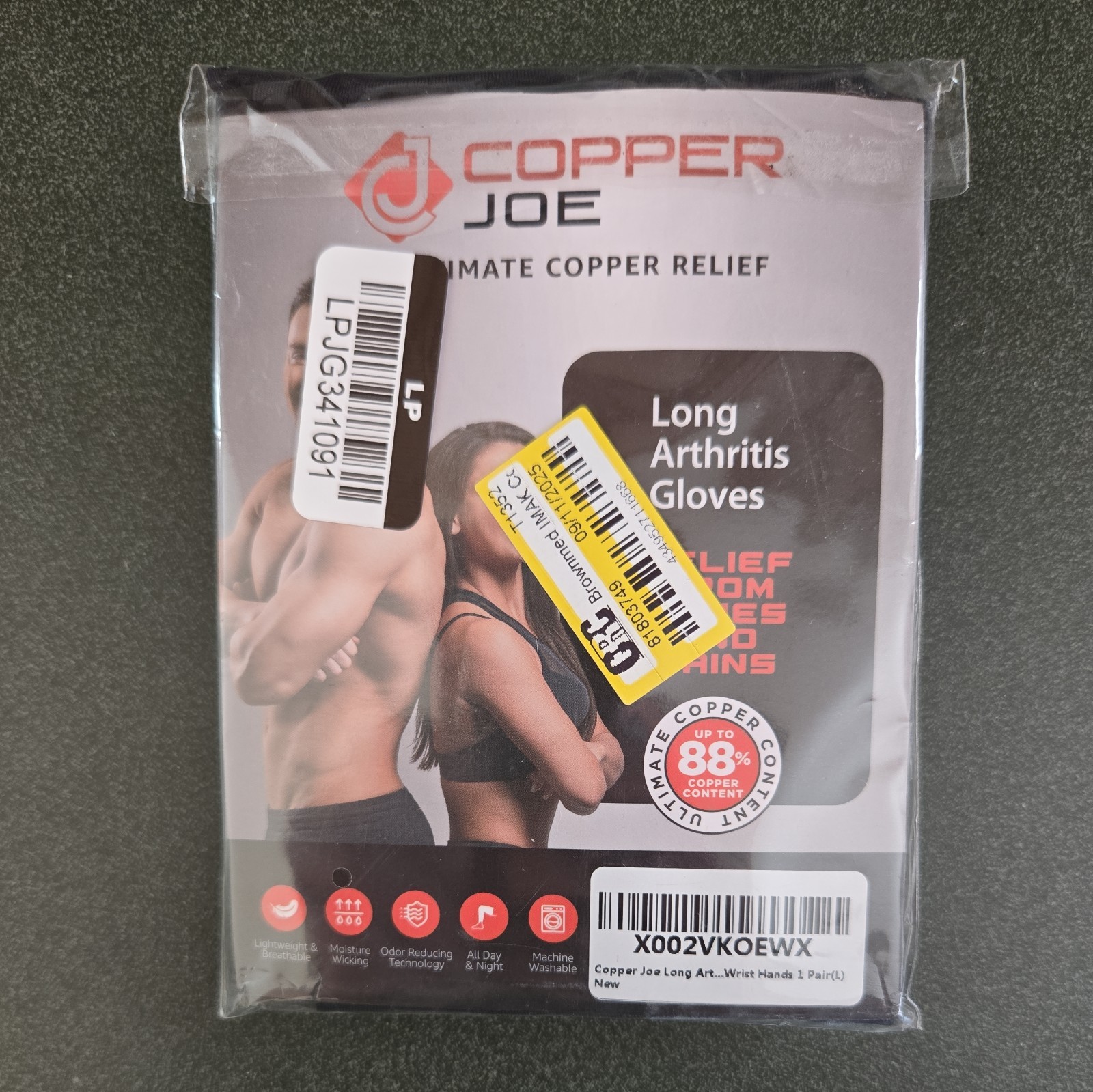 Copper Joe Arch Support Long Arthritis Gloves Wrist Hand Size Large