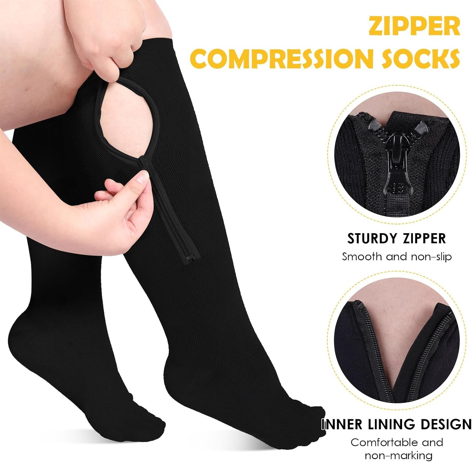 Zipper Plus Size Compression Socks for Women Men Wide Calf, 15 mmHg Knee High Gr