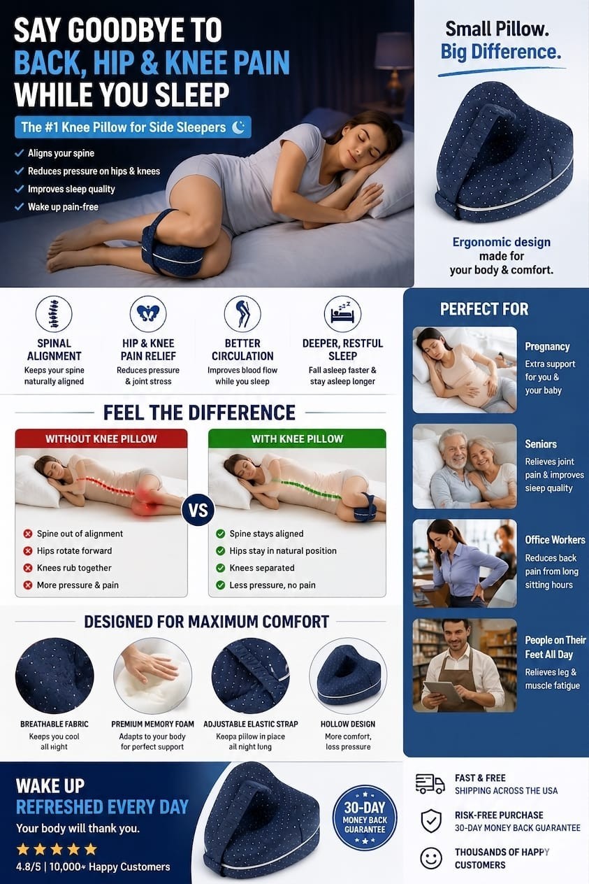 Knee Pillow for Side Sleepers, Memory Foam Leg Support with Adjustable Strap, Br