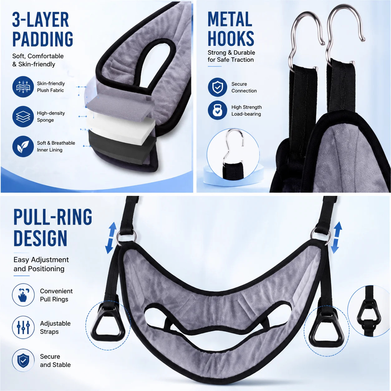 Cervical Traction Sling Neck Traction Harness with Metal Hooks Pull Rings