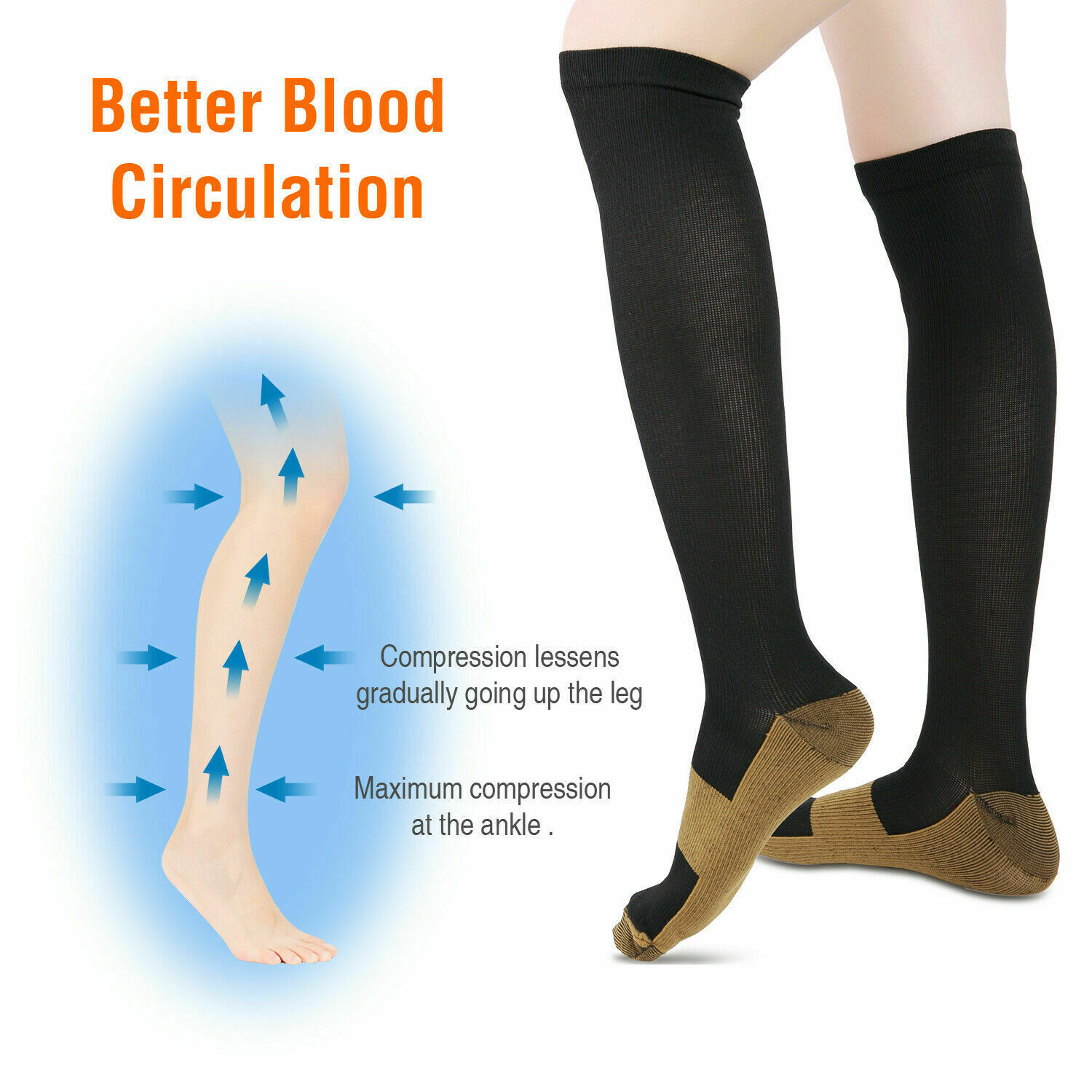 1 – 3 Pairs Copper Compression 20-30mmHg Graduated Support Socks For Mens Womens