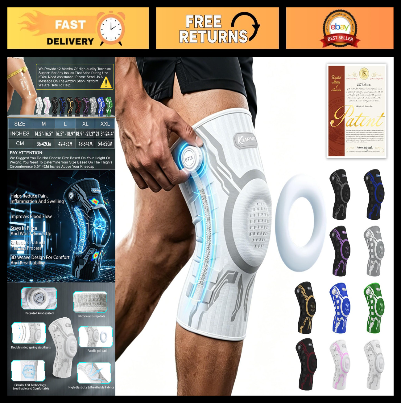Knee Brace for Pain Relief – Compression Sleeve with Gel Pad & Stabilizers, Larg