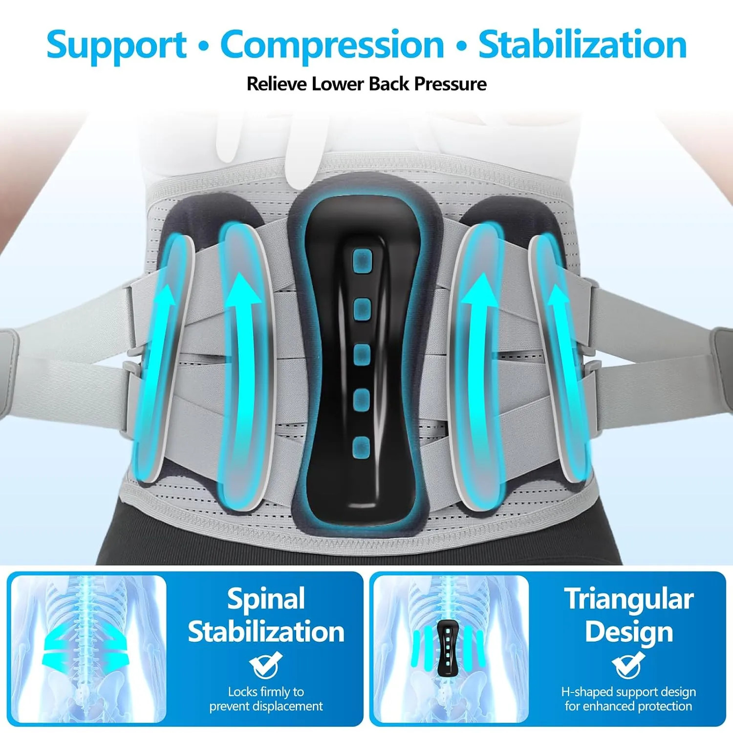 Lower Back Brace Support Belt with 5 Stays Breathable Mesh for Pain Relief Si…