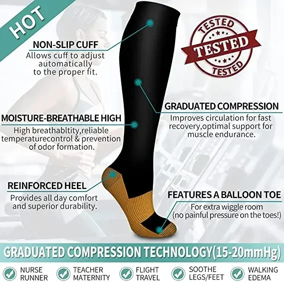 3 Pair Copper Compression Socks Women Men Anti Fatigue Pain Relief Graduated Uni
