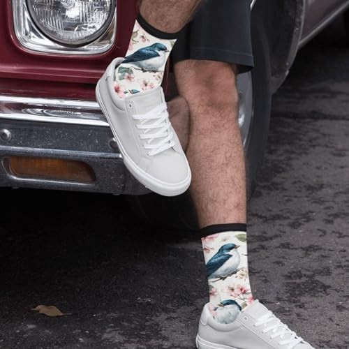 Rutuioy Men Women Funny Crazy Novelty Crew Tube Socks, Blue Bird Floral White
