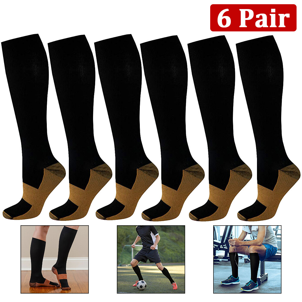 6 Pairs Copper Compression Socks 20-30mmHg Graduated Support Pain Relief Unisex