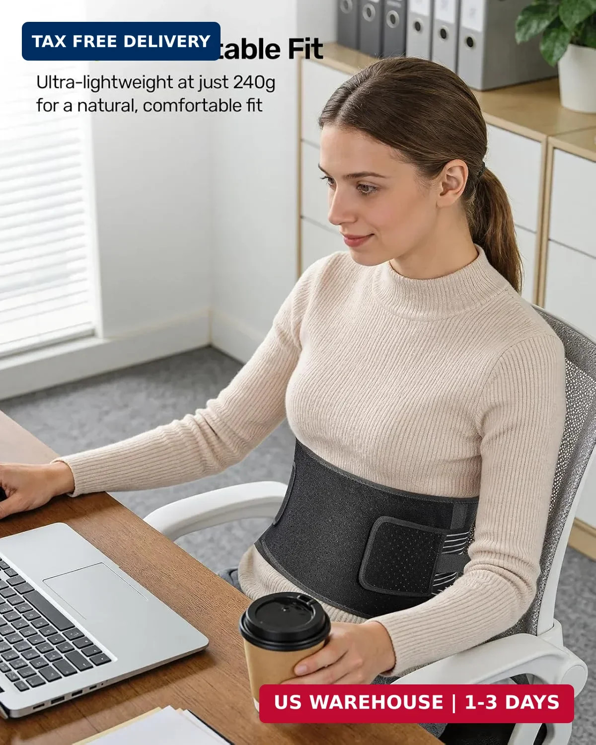 Rakiie Slim Back Brace for Lower Back Pain Relief, Lightweight & Breathable Back