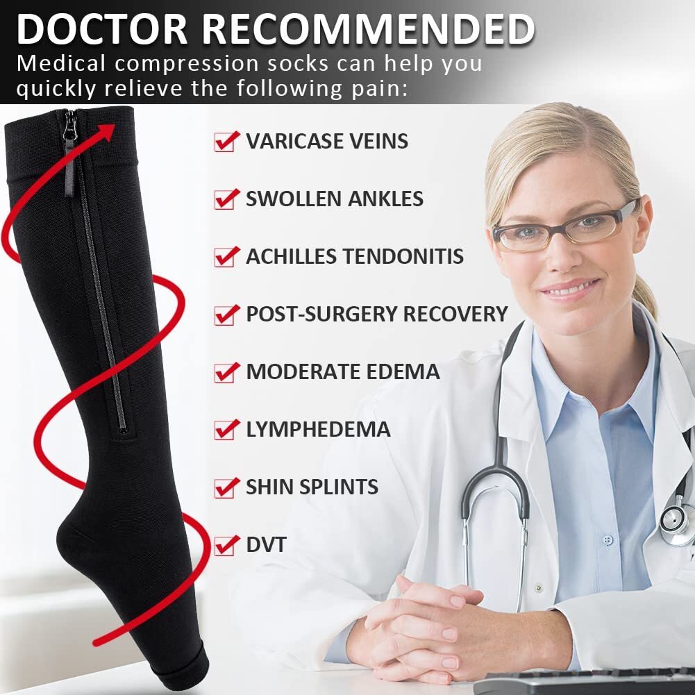 Zipper Open Toe Compression Socks for Women & Men Knee high 20-30 mmHg Walking