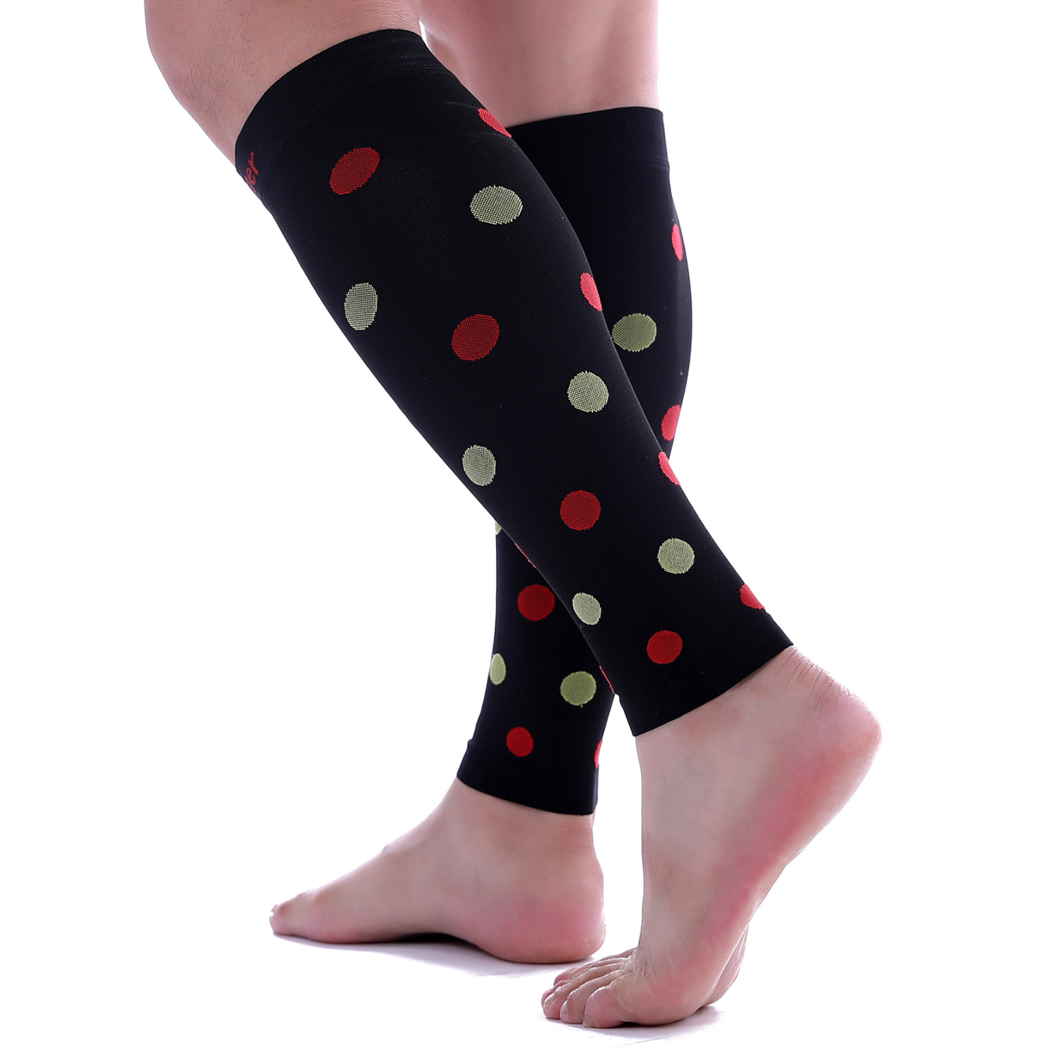 Doc Miller Calf Compression Sleeve 1Pair 20-30mmHg Varicose Polka Dot BLK/REDGRN