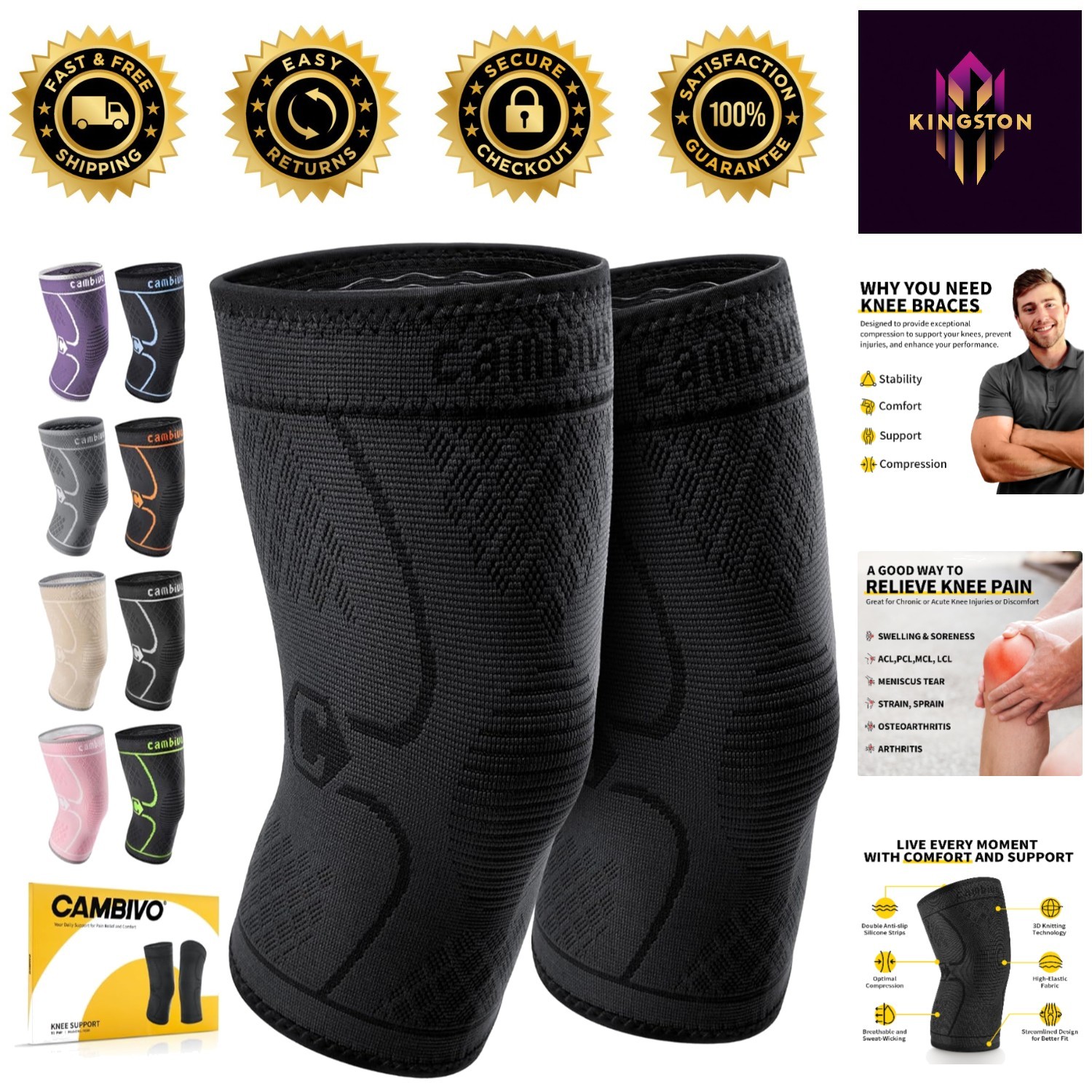 Breathable Knee Support Braces – 2 Pack, Optimal Compression for Active Living