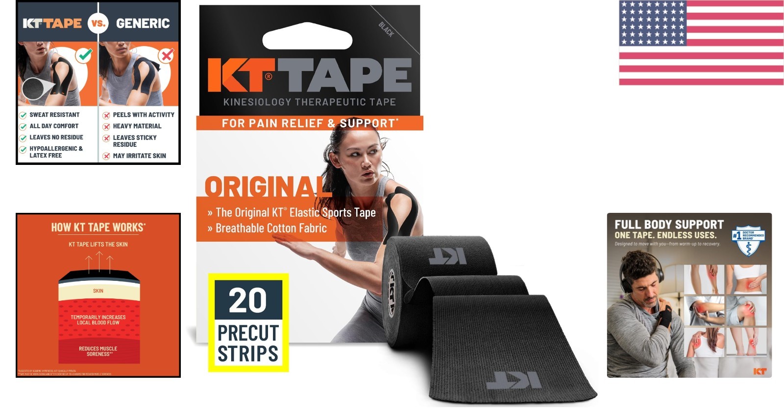 Durable Elastic Kinesiology Tape – Black, 10″ Precut Strips for Muscle Support