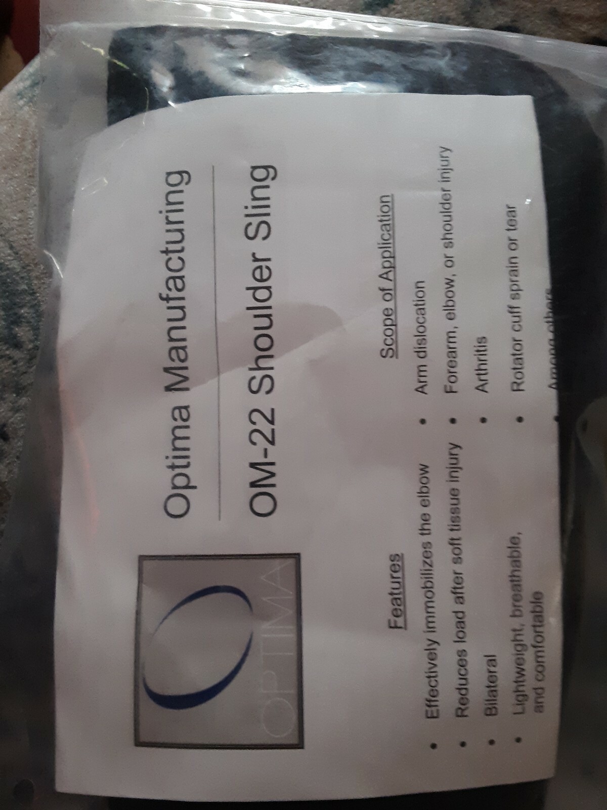 Optima Manufacturing Shoulder Sling OM 22 Bilateral Instructions Included New