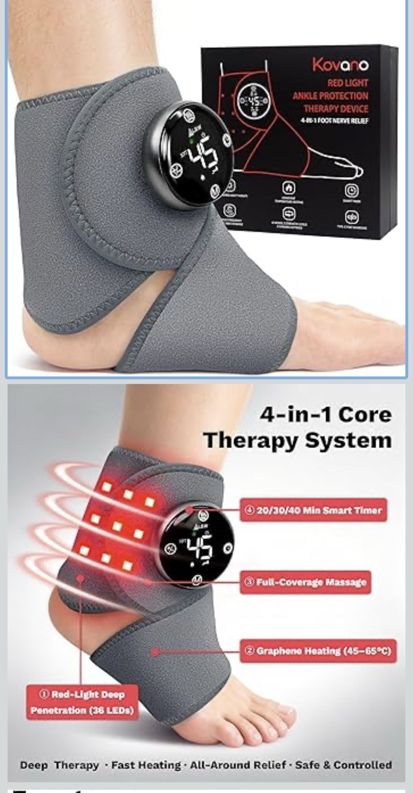 Kovano 4-in-1 Heated Ankle/Foot Brace Wrap w/ Smart Timer, Massage Gray