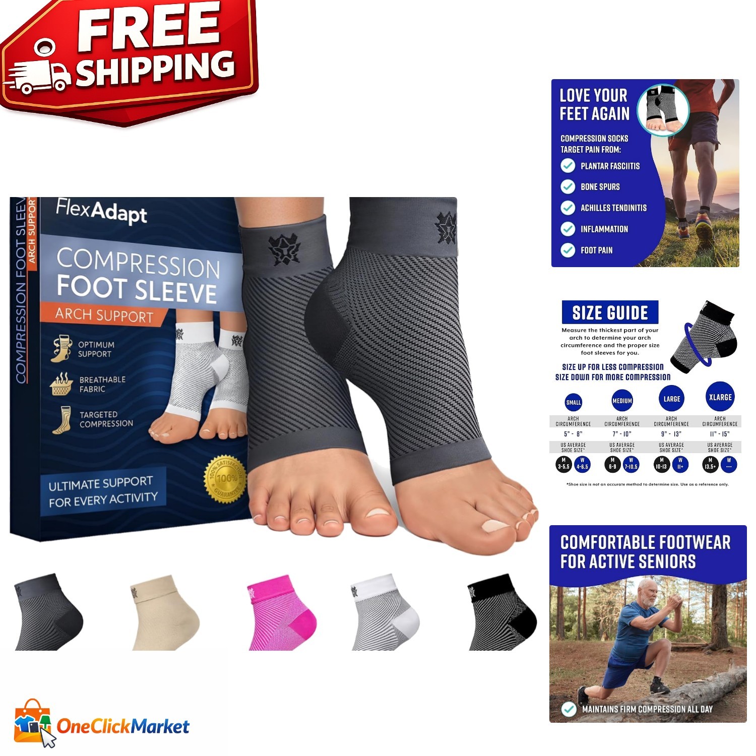 Targeted Arch Support Compression Socks for Plantar Fasciitis – Medium Gray