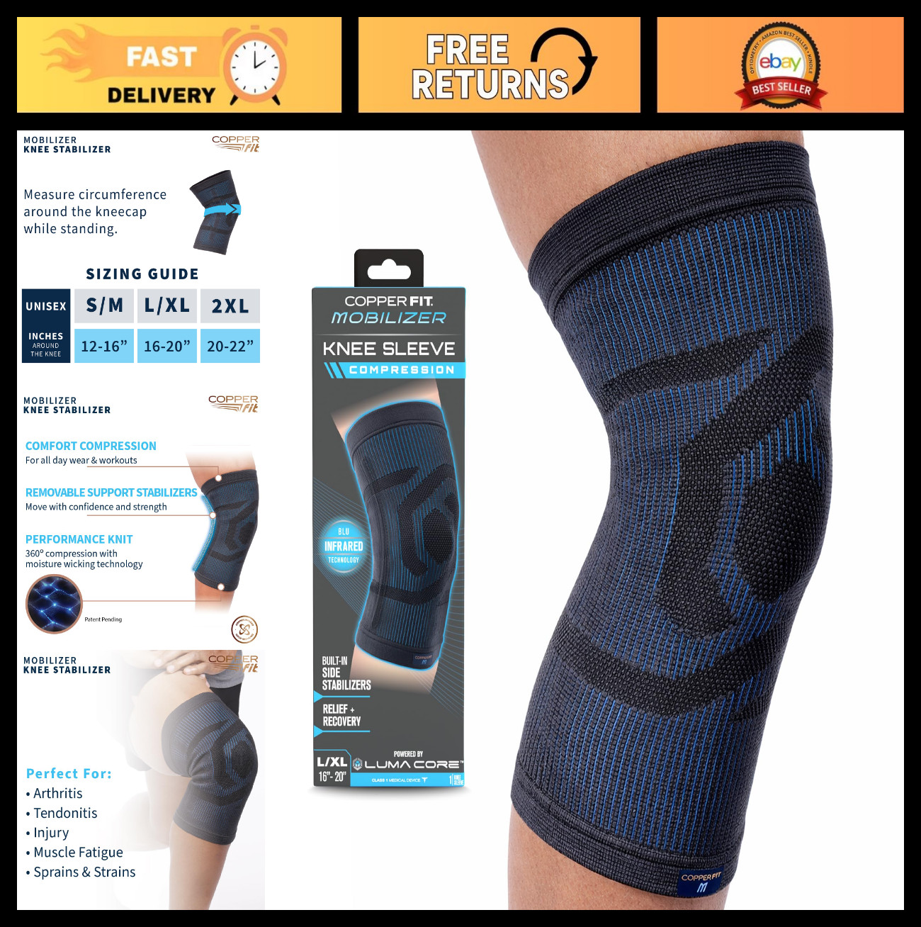 Knee Sleeve Support Brace L/XL | Copper Fit Mobilizer for Arthritis, Tendonitis,