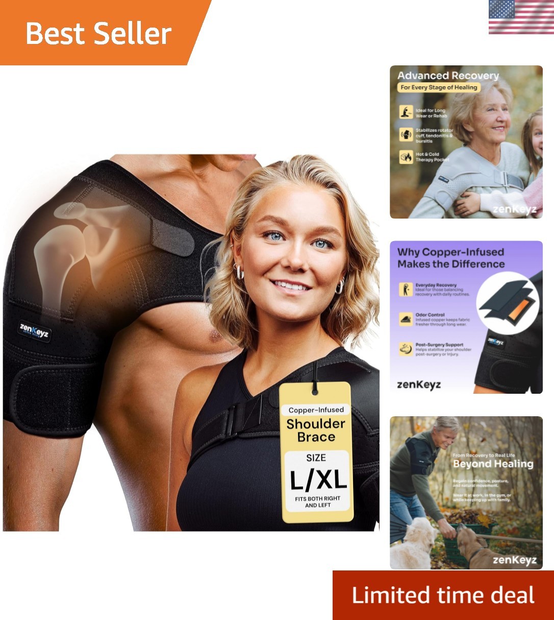 Shoulder Brace Support Compression Sleeve Rotator Cuff Stabilizer L XL