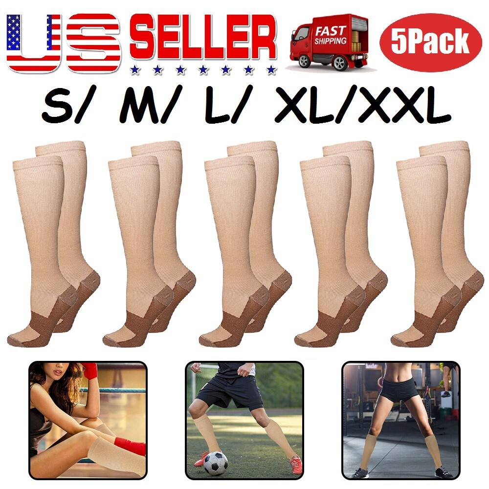 5 Pairs Beige Copper Compression Socks 20-30mmHg Graduated Support Men’s Women’s