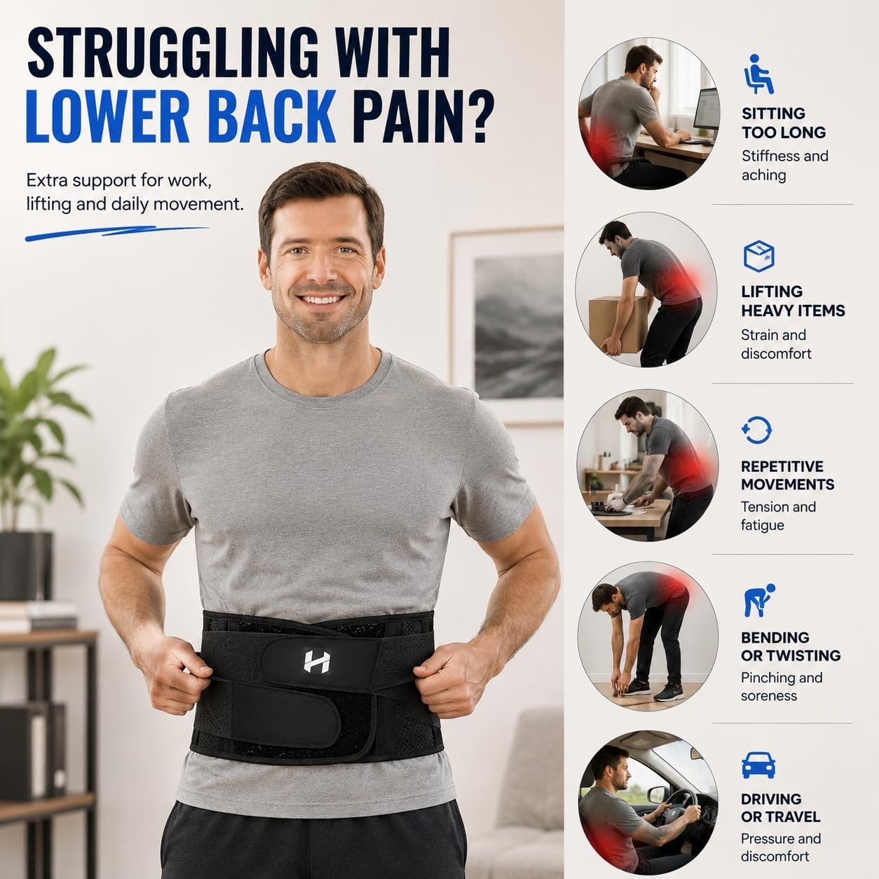 XL Adjuststable Back Brace Men Women Lumbar Support Belt 7 Flexible Support Bars
