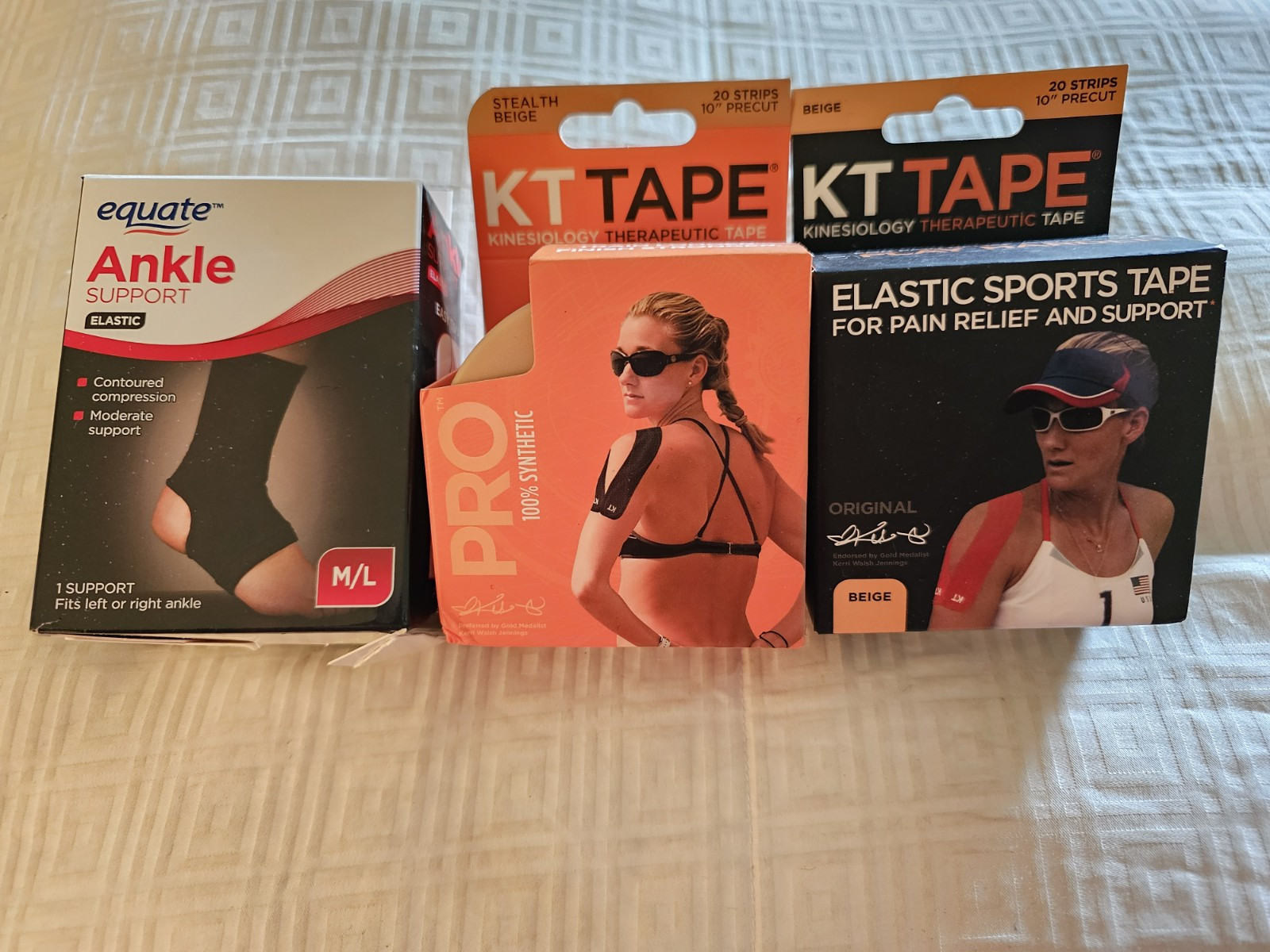 New lot of 2 boxes of KT sports tape and a M/L Equate ankle support sports