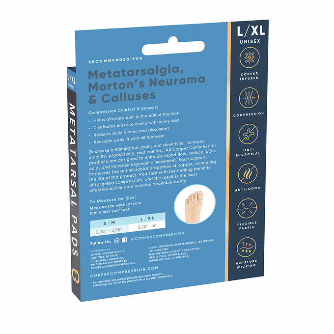 Copper Compression Metatarsal Pads Max Copper Extra Padding for Comfort, L/XL