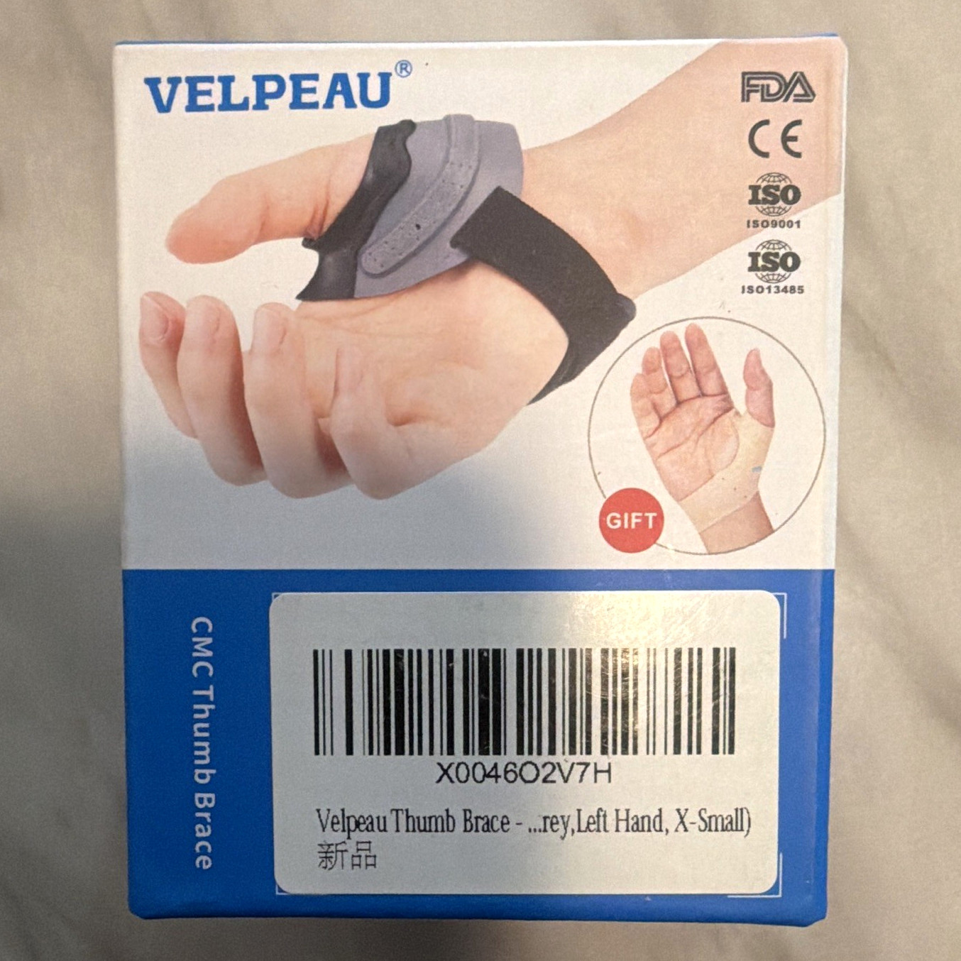 Velpeau VP0917 Thumb Guard Stabilizer Left Hand XS Grey Thumb Hand Wrist