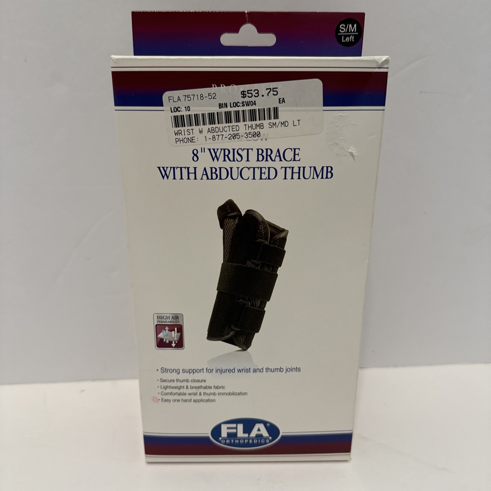 WRIST BRACE W / ABDUCTED THUMB Small Med left by FLA PRO LITE AIRFLOW – 8″