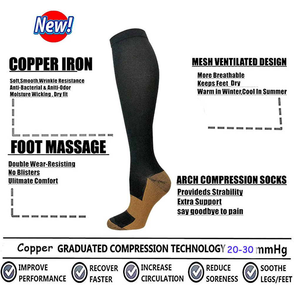 3/6 Packs Copper Compression Socks 20-30mmHg Graduated Support for Men Women