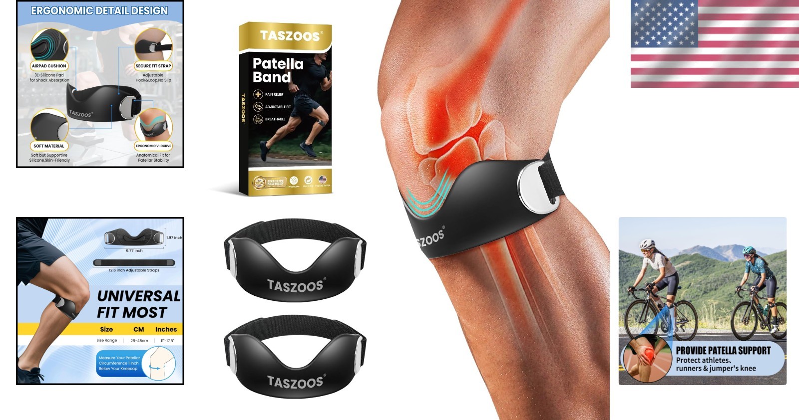 2 Pack Patellar Tendon Support Straps, Adjustable Non-slip 2-Pack, Black