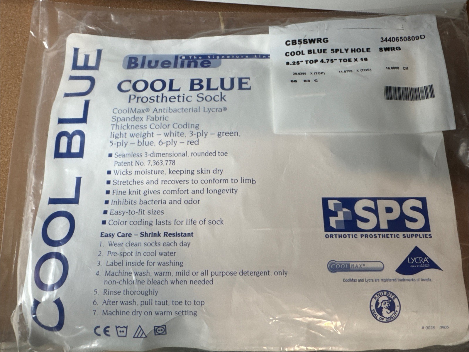 Cool Blue 5 Ply Prosthetic Sock w/ Hole 8.25” Top X 4.75” Toe X 16” CB5SWRG