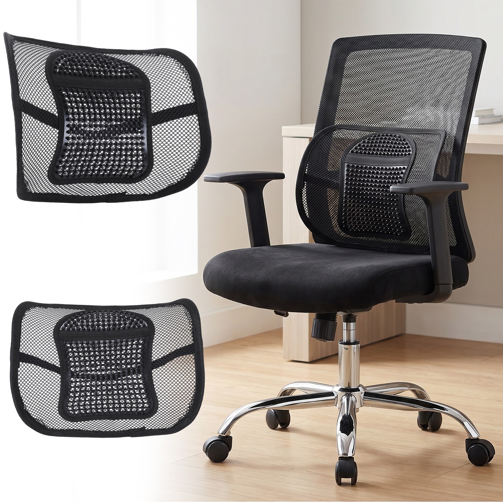 Car Seat Back Support Breathable Mesh Back Lumbar Support Cushion w/Massage Bead