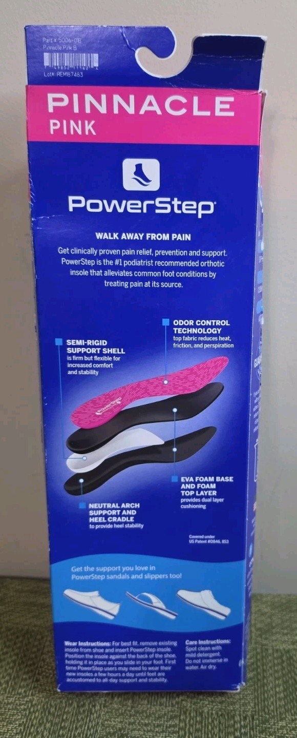 Powerstep Pinnacle Pink Orthotics Arch Support Inserts for Pain Relief Size B