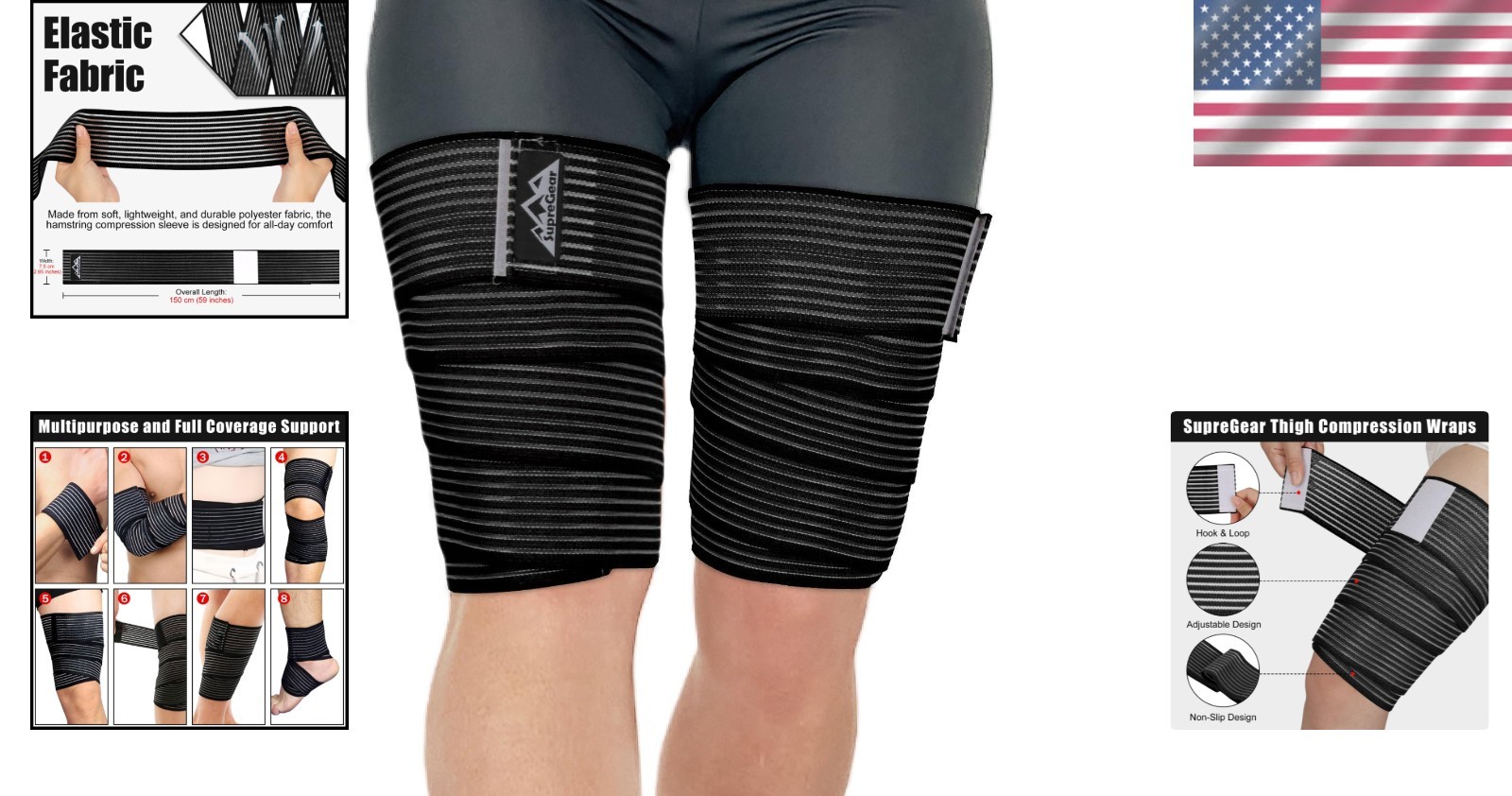 Elastic Thigh Support Sleeves – 2 Pack Black Compression Wraps for All-Day Use