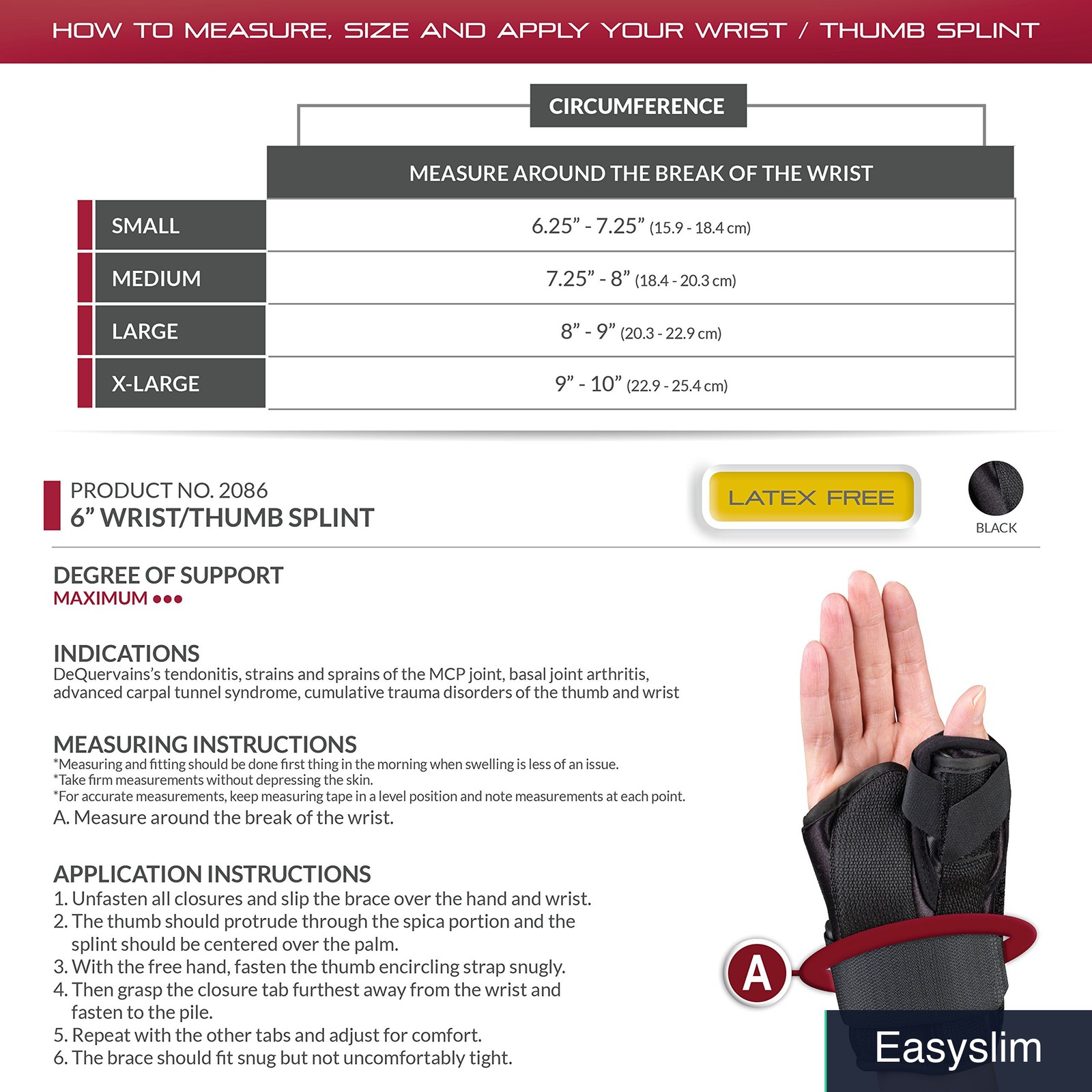 Wrist-Thumb Splint 6-Inch Right Hand Large Breathable Adjustable
