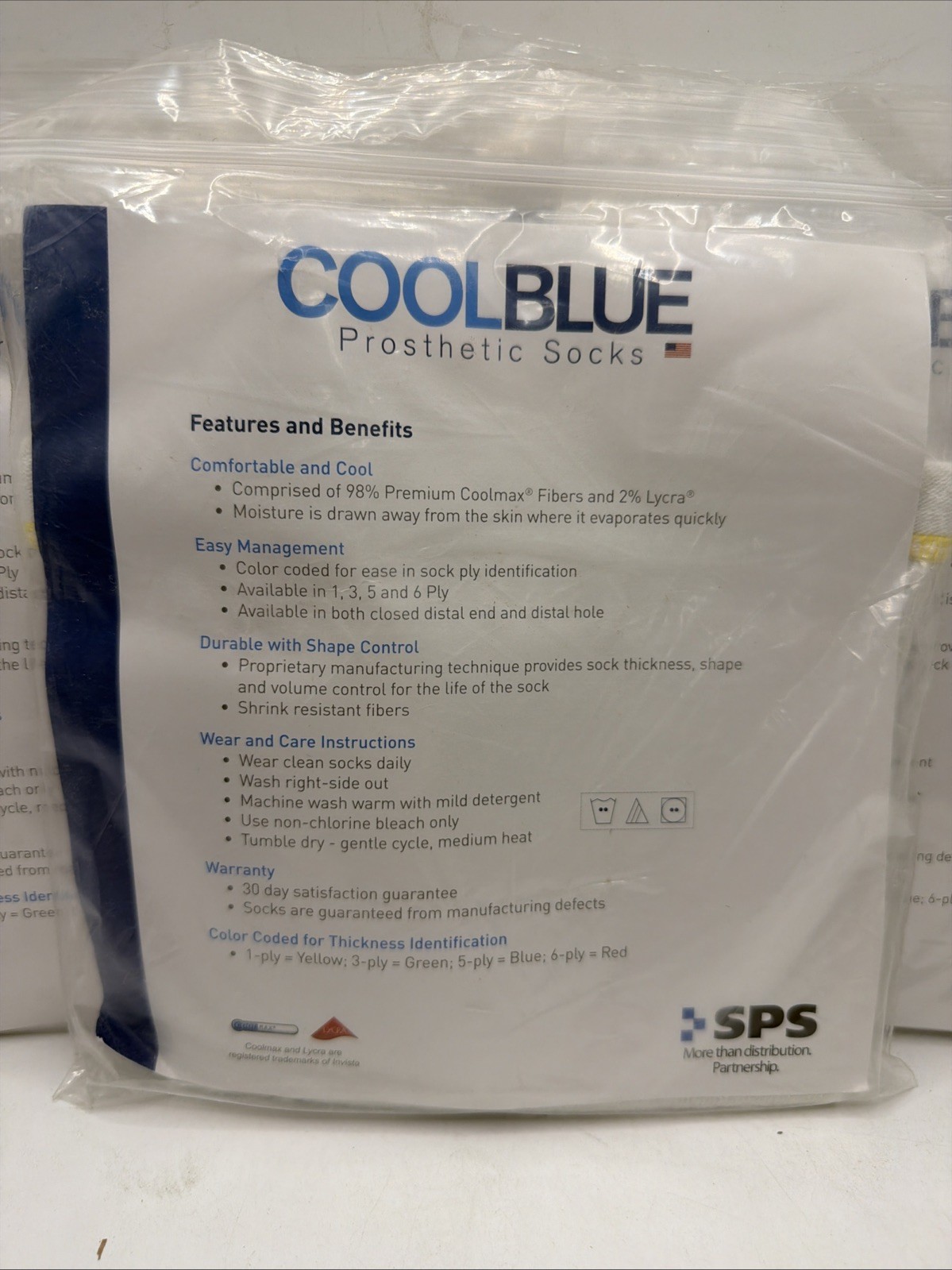 5 Packs Cool Blue 1Ply Prosthetic Sock Sewn Hole Size 3, 4 Length 16-20” NEW