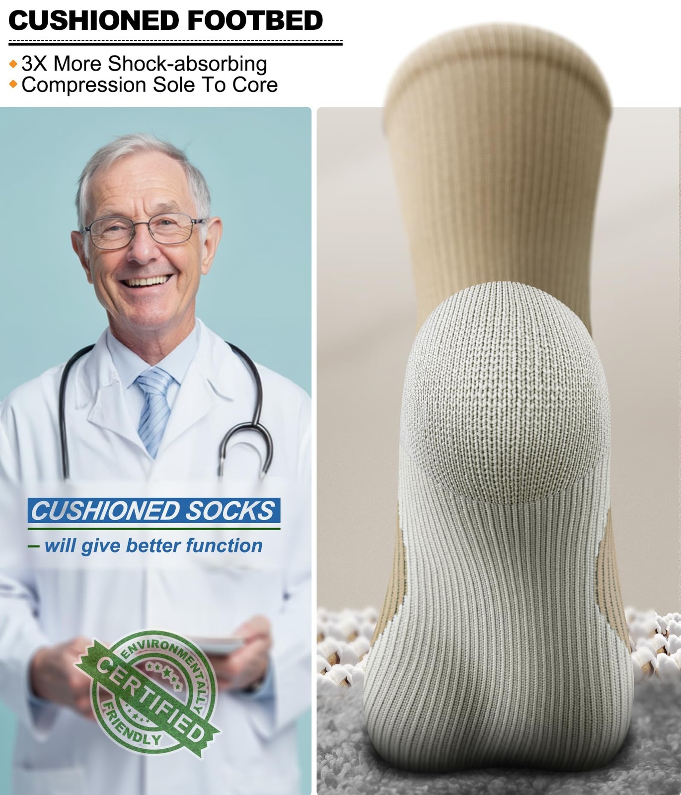 Men Compression Socks 3Pairs-Knee High Socks 15-20 Pressure Unise- Cushioned Sol