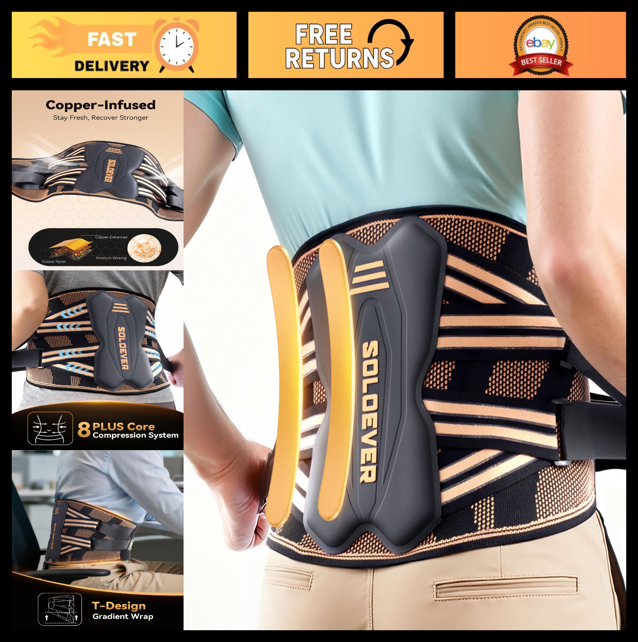 Medical-Grade Copper Back Brace for Men & Women – Lumbar Support Belt for Pain R