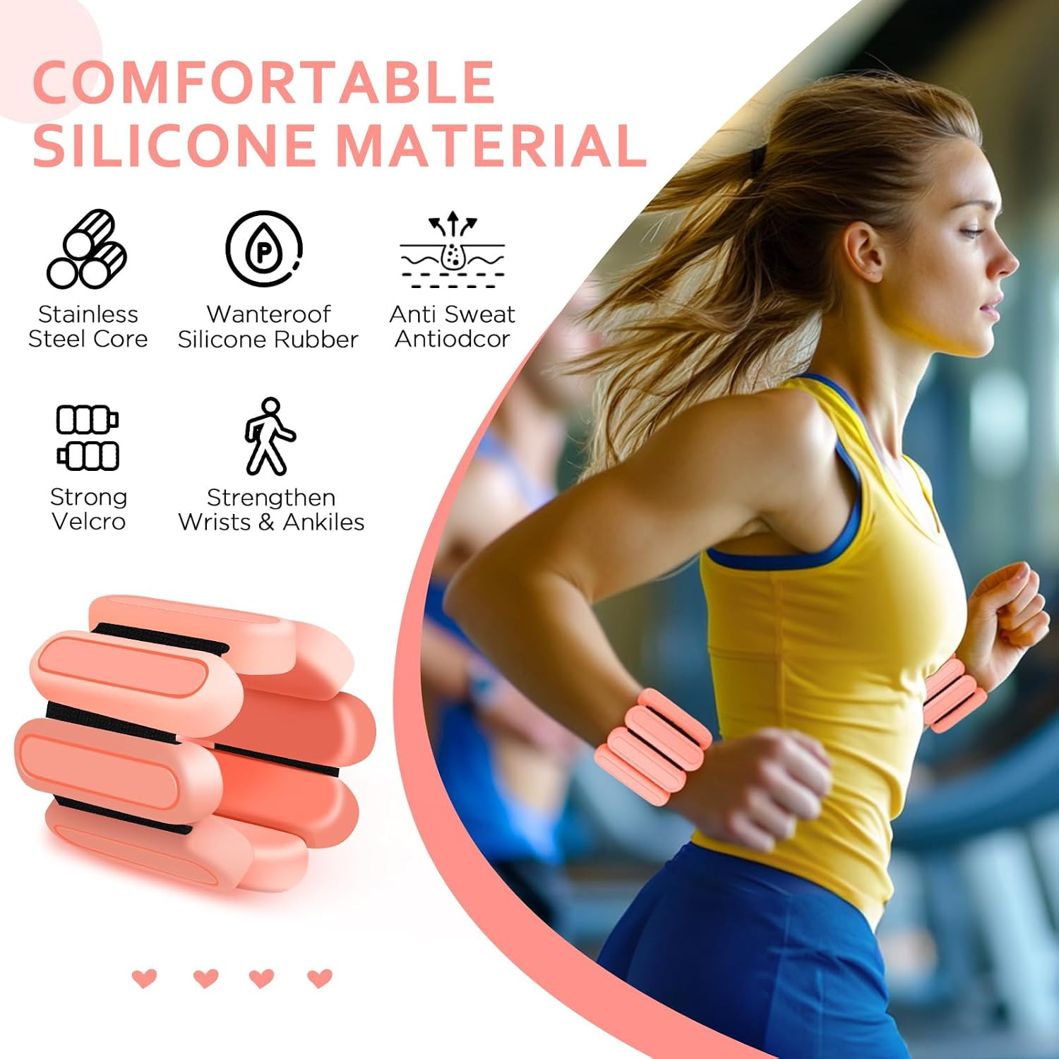 Adjustable Wrist & Ankle Weights Set of 2(1Lbs Each), Premium Silicone Wearable
