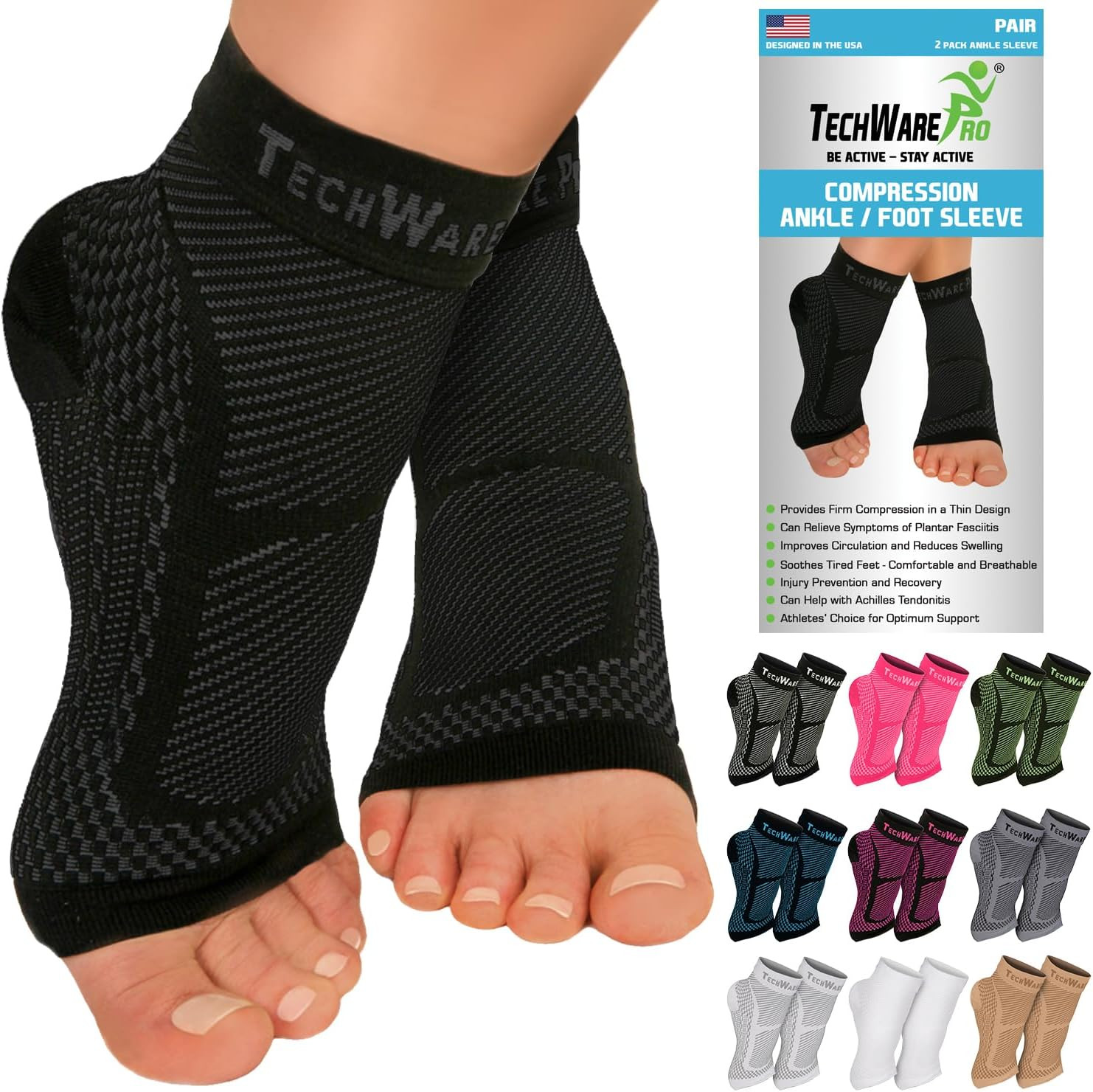 Techware Pro Ankle Brace Compression Sleeve – Plantar Fasciitis Sock. Relieves A
