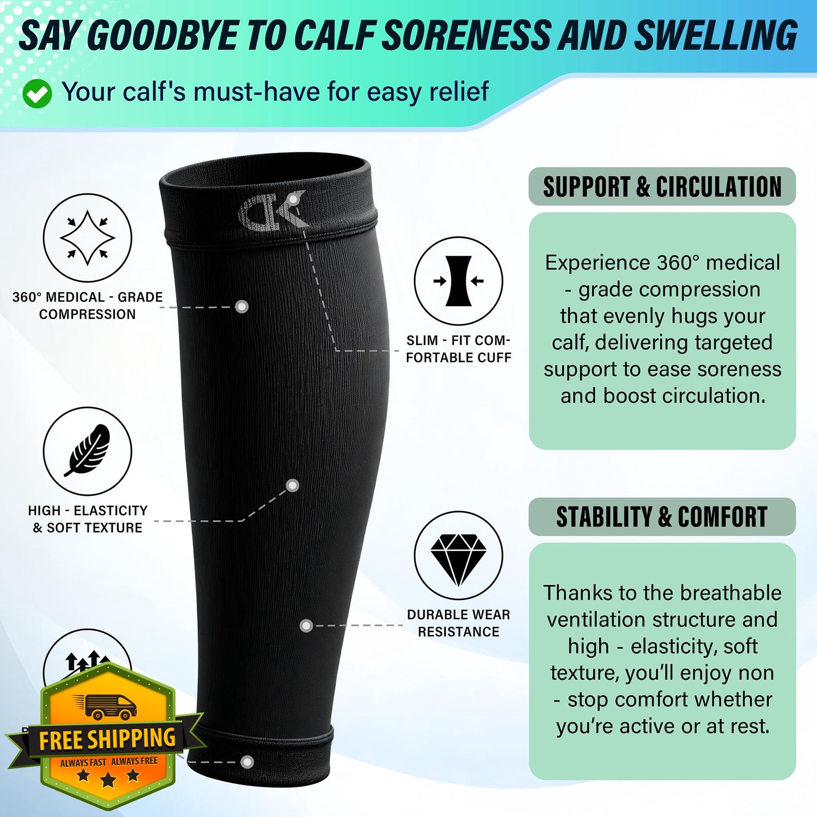 CHARMKING Calf Compression Sleeve L-XL Black/White/Grey 15-20 mmHg