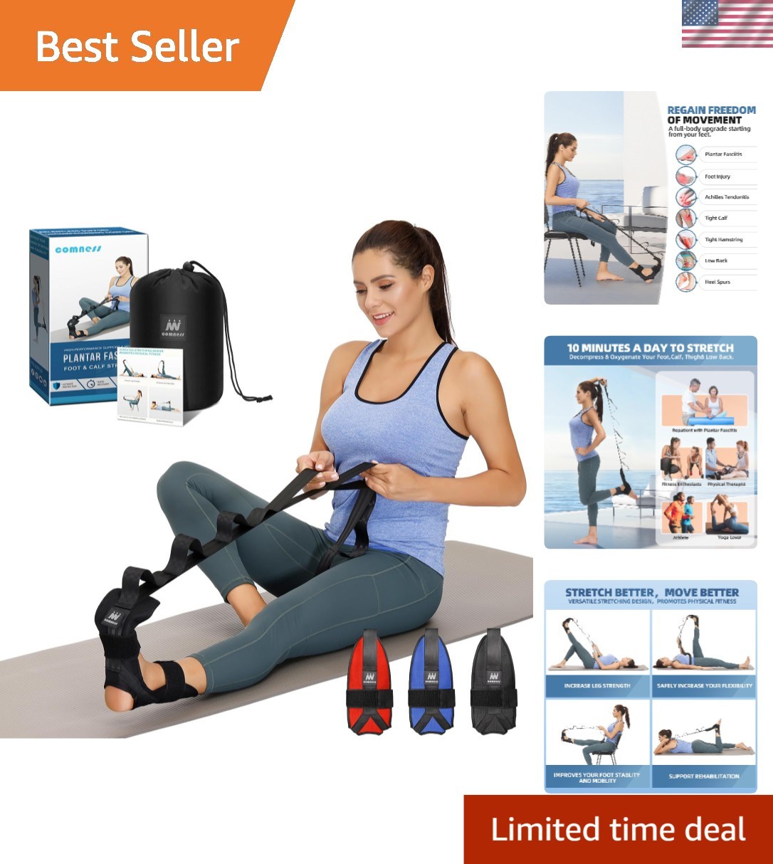 Foot and Calf Stretcher-Stretching Strap For Plantar Fasciitis, Heel Spurs, F…